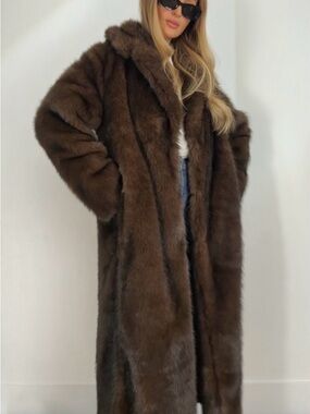 Zara Brown Full-Length Faux Fur Trench Coat